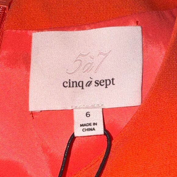 Cinq A Sept Imogen Dress Women's 6 Hot Coral Ruched Crepe S/S Back Side Zip NWT - Picture 8 of 9